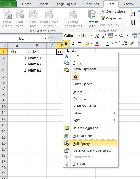 Excel SQL: Refreshing or editing the SQL query