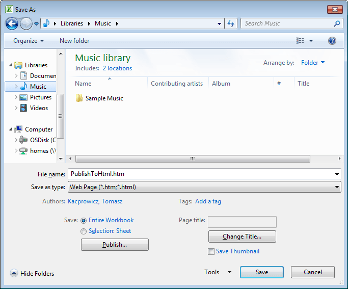 Publish to HTML Excel feature