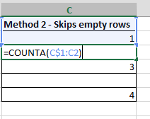 Method 2 - Dynamic row numbers with skipping empty rows