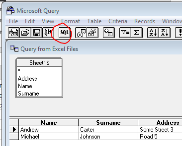 Hit SQL to edit MS Query