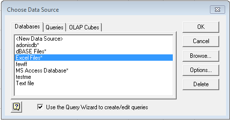 Select From Excel Files data source