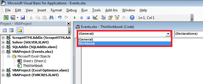 Workbook Events: Select Workbook from Object list