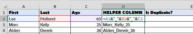 find duplicates in excel with a helper column