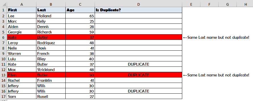 find duplicates in excel for an entire row