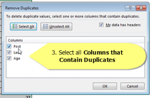 remove duplicates select columns with duplicates