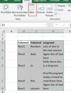 Example table with long text