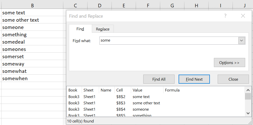 Excel Find and Replace example